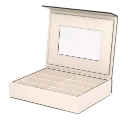 Scatola per occhiali in pelle beige con specchio