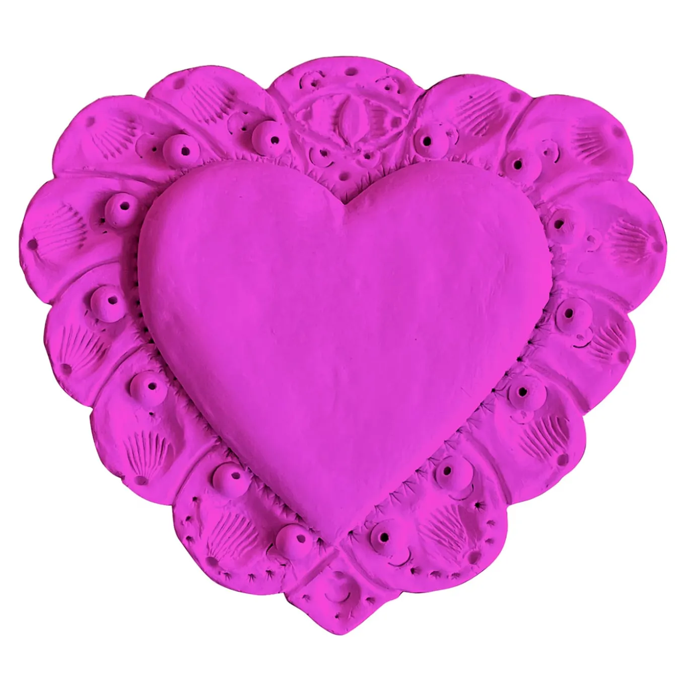 Scultura Da Parete Milagros Cuore Sacro In Gesso Rosa Neon