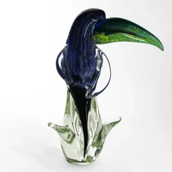 Scultura di Tucano in Vetro di Murano Trasparente, Verde e Blu