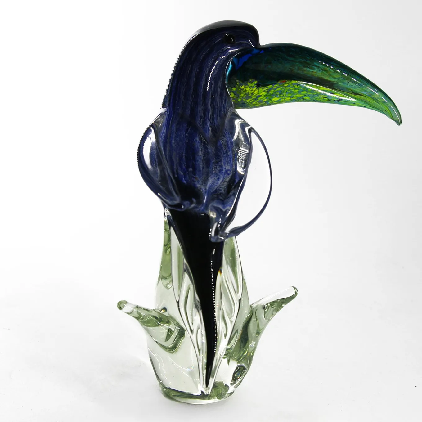Scultura di Tucano in Vetro di Murano Trasparente, Verde e Blu