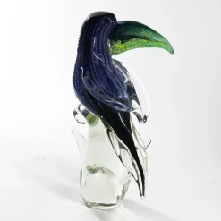 Scultura di Tucano in Vetro di Murano Trasparente, Verde e Blu
