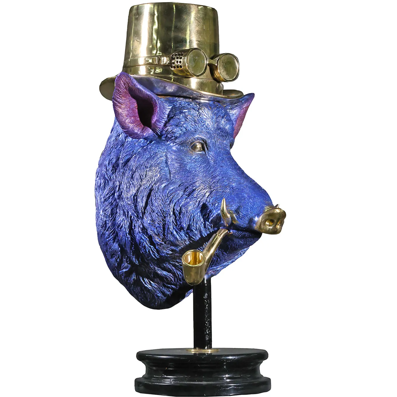 Scultura testa di cinghiale in bronzo blu