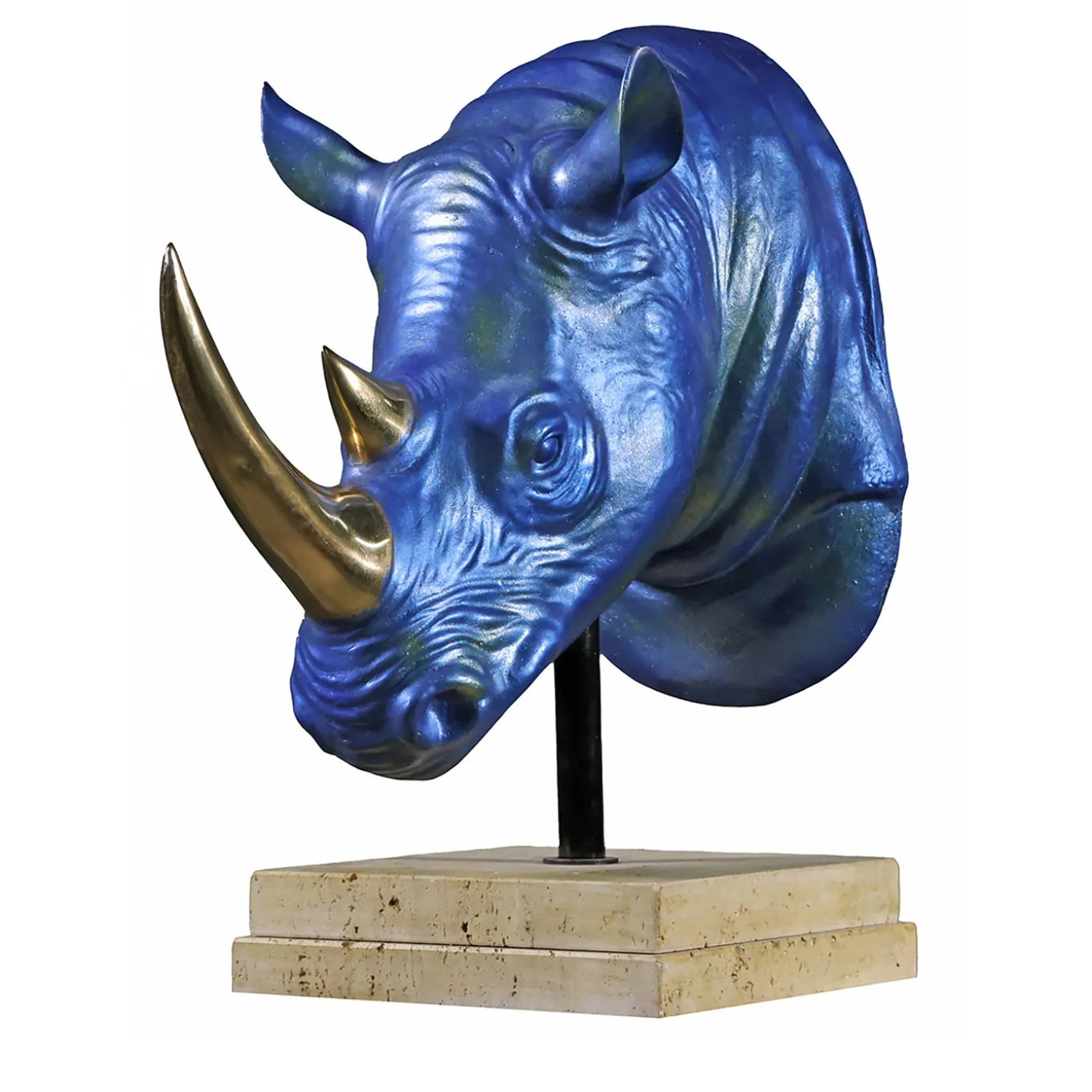 Scultura Testa di Rinoceronte in bronzo blu