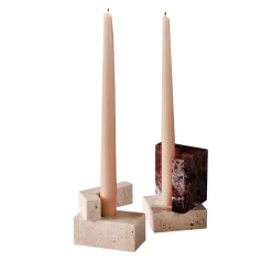 Set da 2 Portacandela Block in Travertino e Marmo Rosso