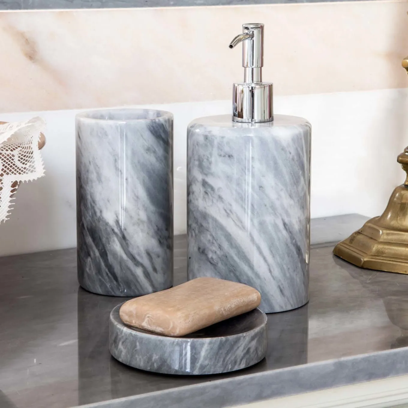 Set da bagno 3 pezzi in marmo grigio