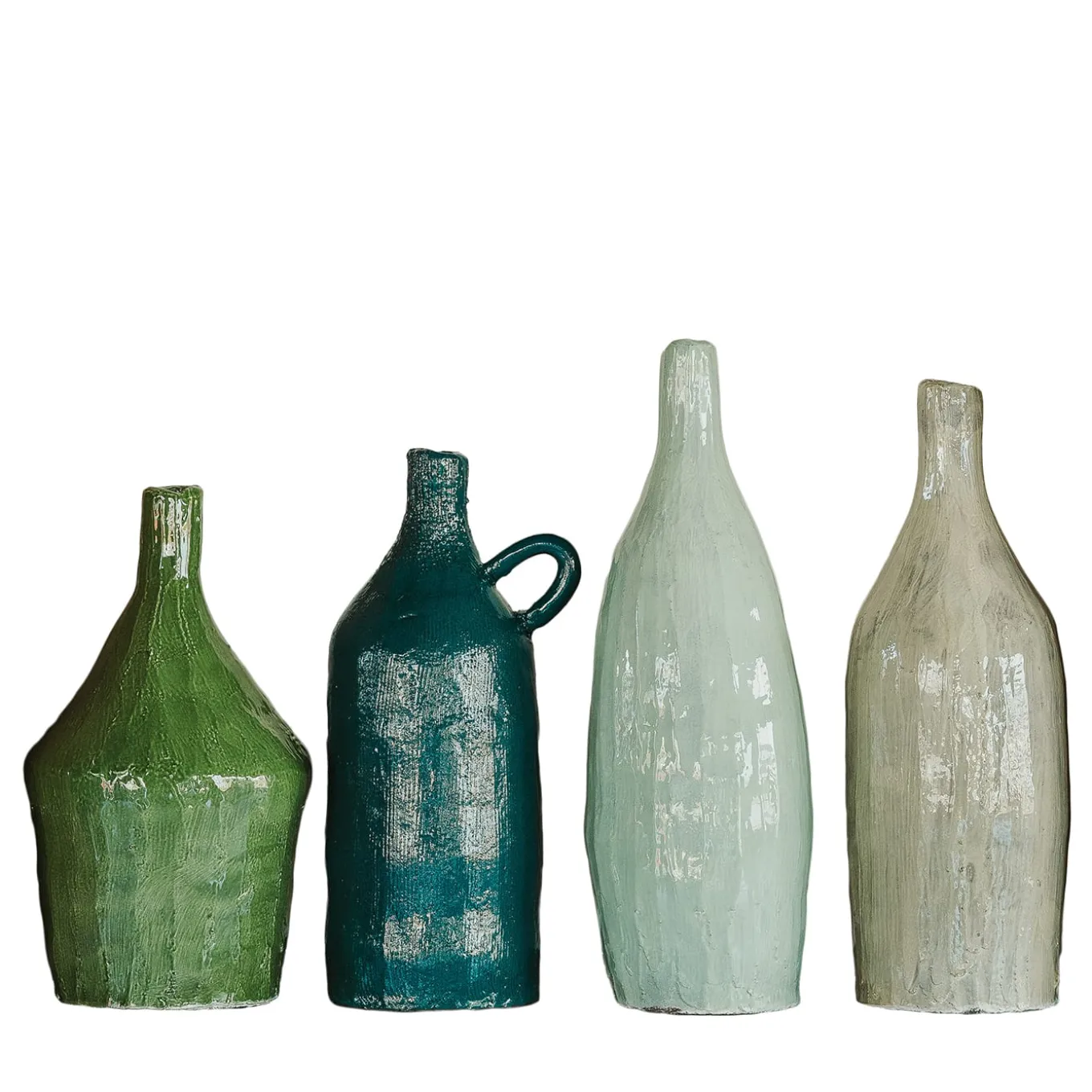 Set di 4 Piccole Bottiglie Decorative in Ceramica Toni Verdi