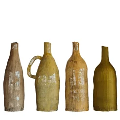 Set di 4 Piccole Bottiglie Decorative in Ceramica Giallo Ocra