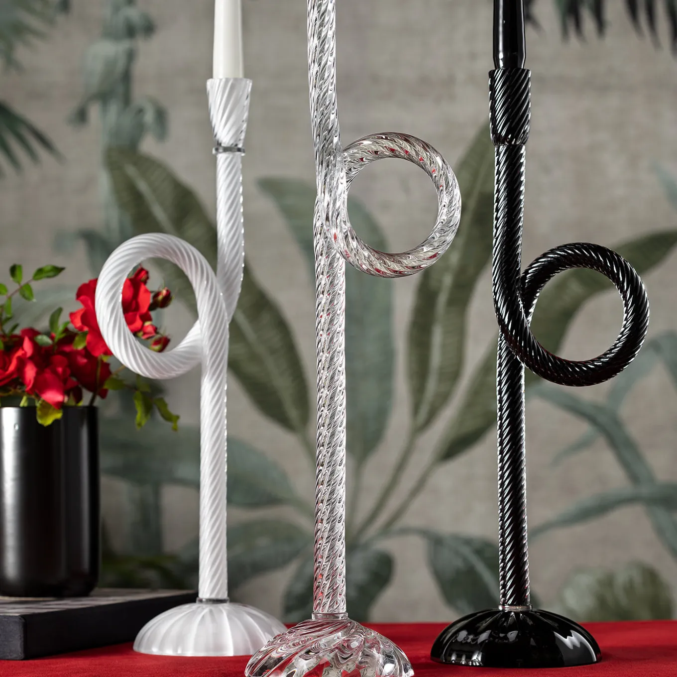 Set di 2 portacandele Knot in vetro di Murano nero