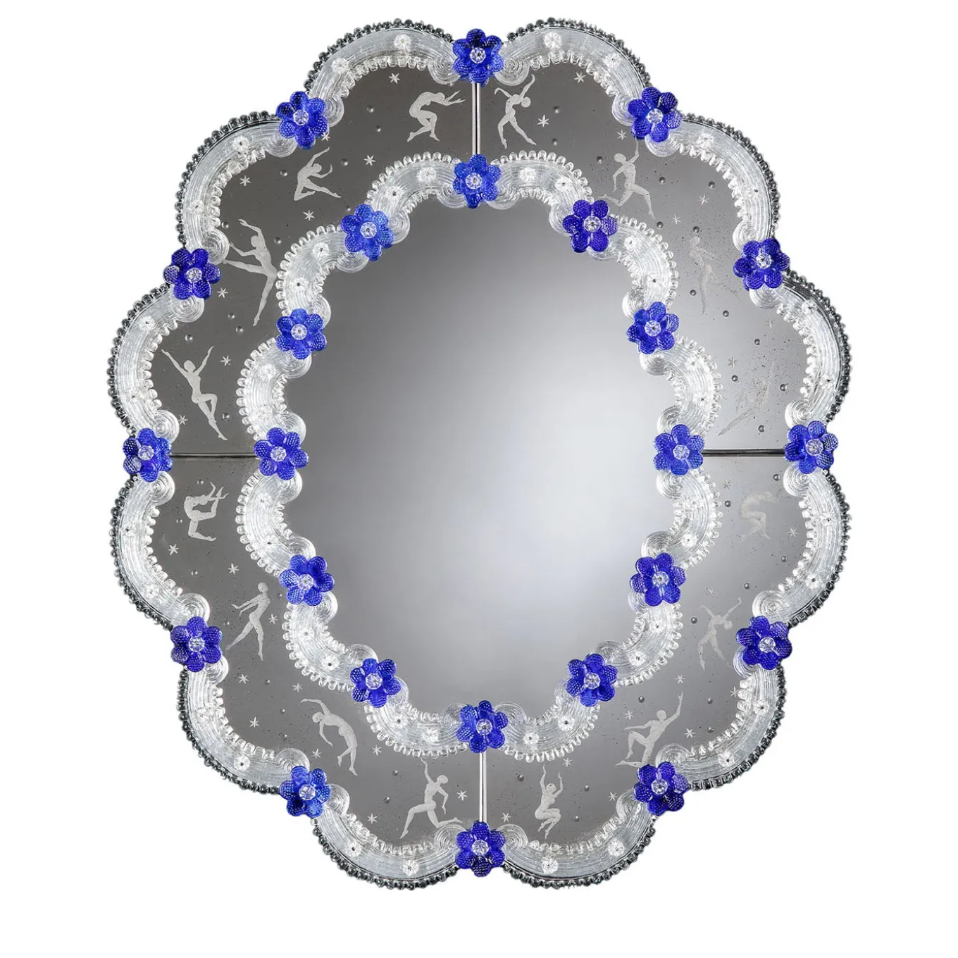 Specchio da parete Dancers in vetro di Murano blu e argento