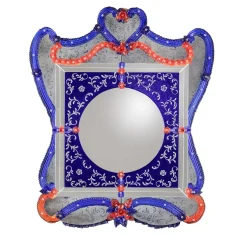 Specchio da parete Ramses in vetro di Murano blu e rosso
