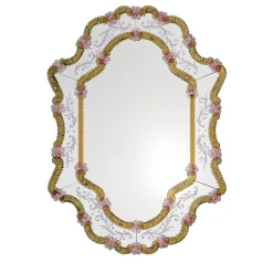 Specchio in vetro di Murano rosa/ambra Vetrai