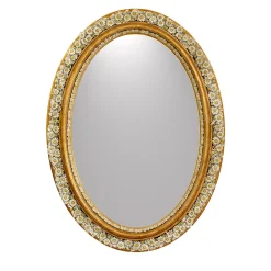 Specchio Ovale con Margherite in Porcellana di Capodimonte e Foglia d'Oro Applicata a Mano