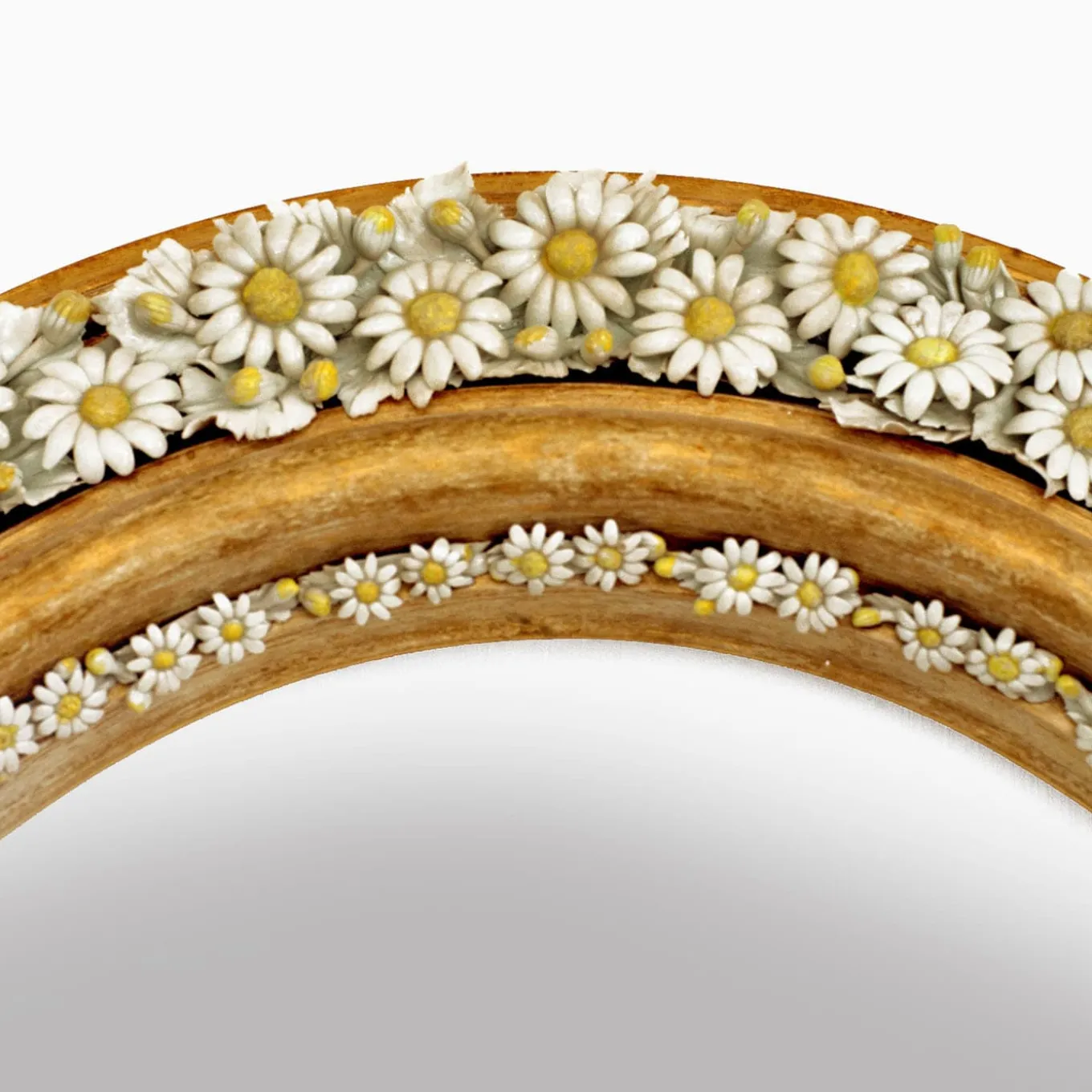Specchio Ovale con Margherite in Porcellana di Capodimonte e Foglia d'Oro Applicata a Mano
