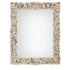 Specchio rettangolare con rose in porcellana di Capodimonte e finitura laccata bianco porcellana