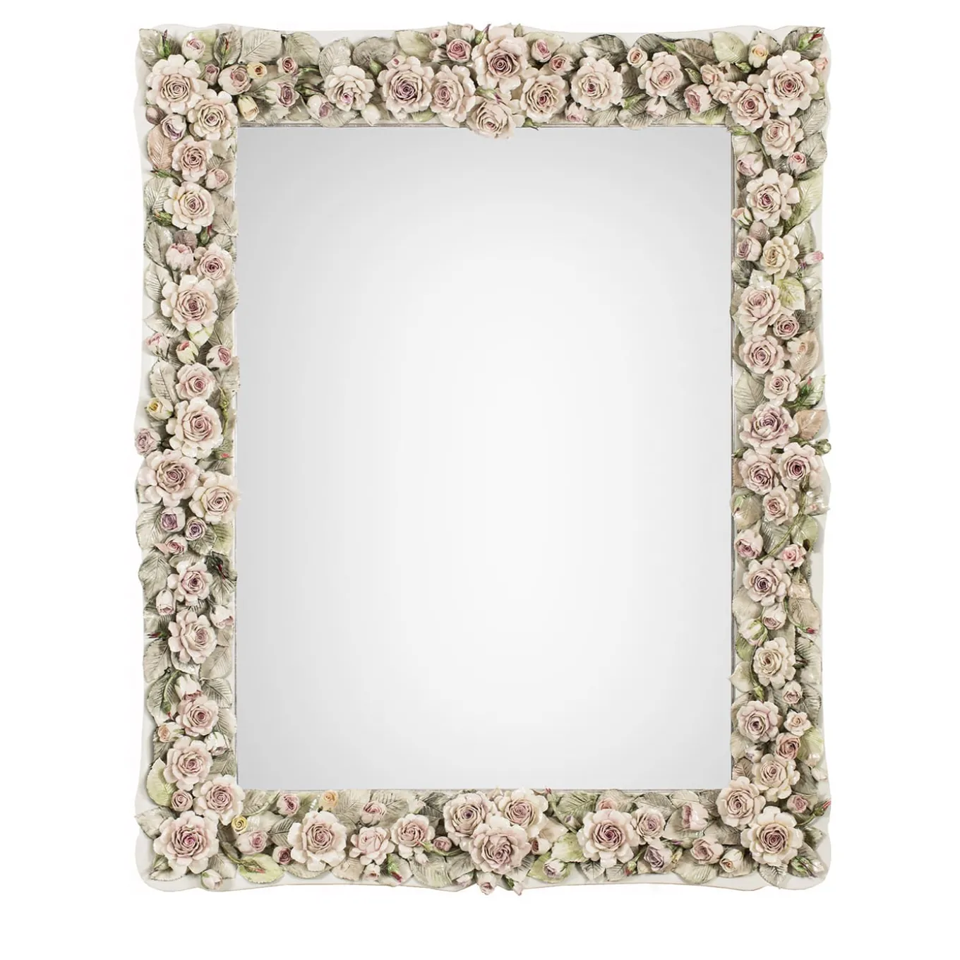 Specchio rettangolare con rose in porcellana di Capodimonte e finitura laccata bianco porcellana