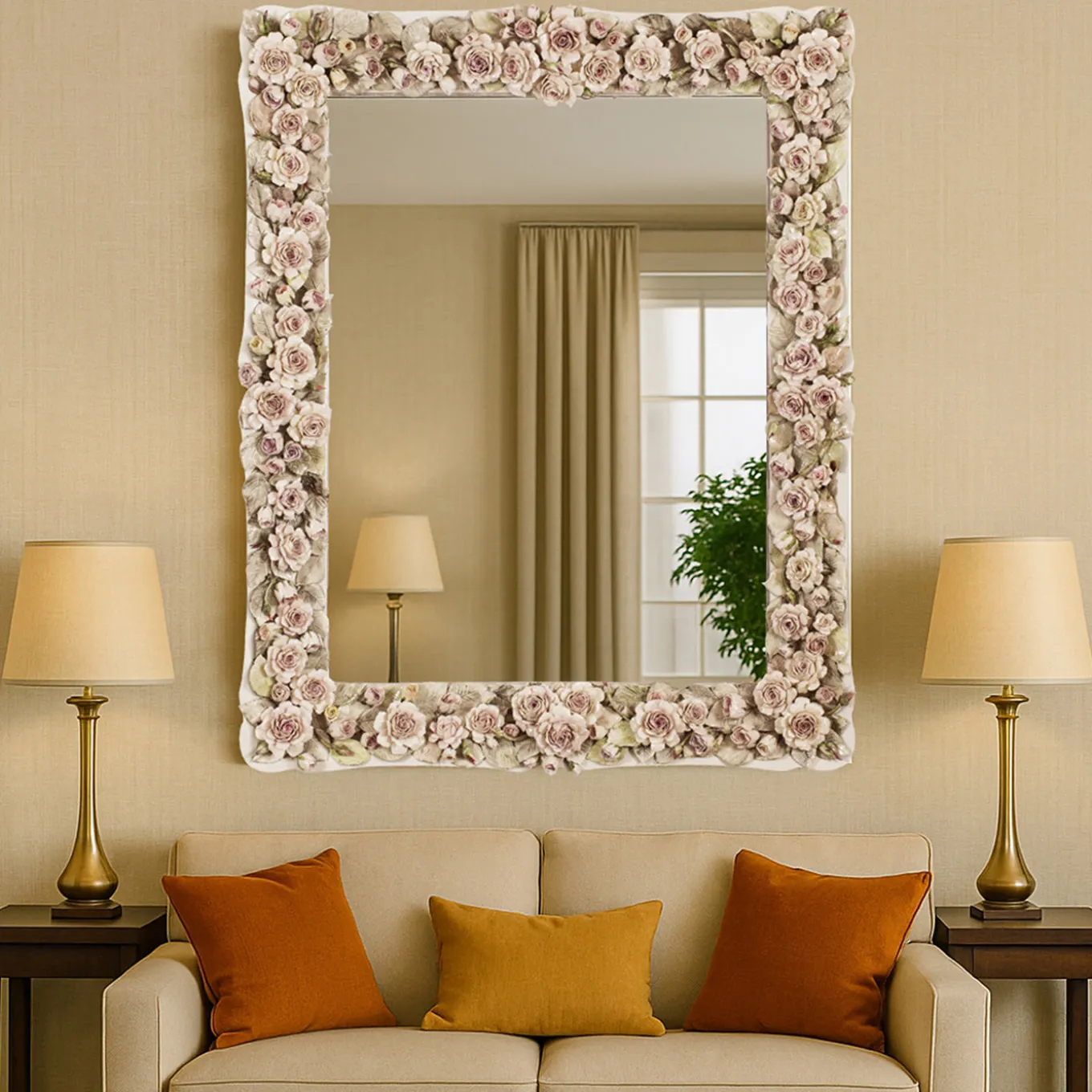 Specchio rettangolare con rose in porcellana di Capodimonte e finitura laccata bianco porcellana