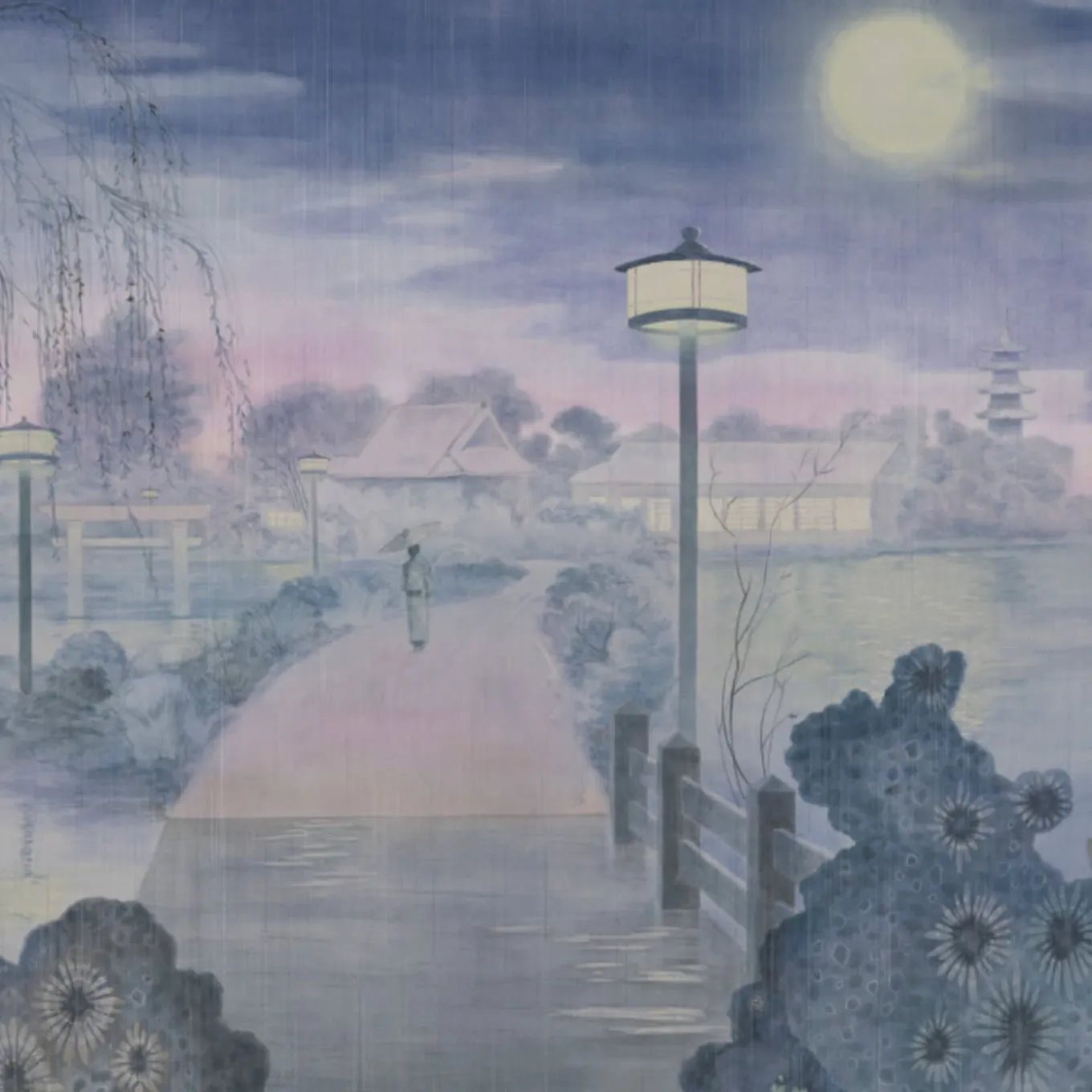 Tessuto da rivestimento in cotone Nihon Moon rosa e blu