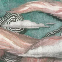 Tessuto da rivestimento L'Oiseau de Feu in cotone rosa e azzurro