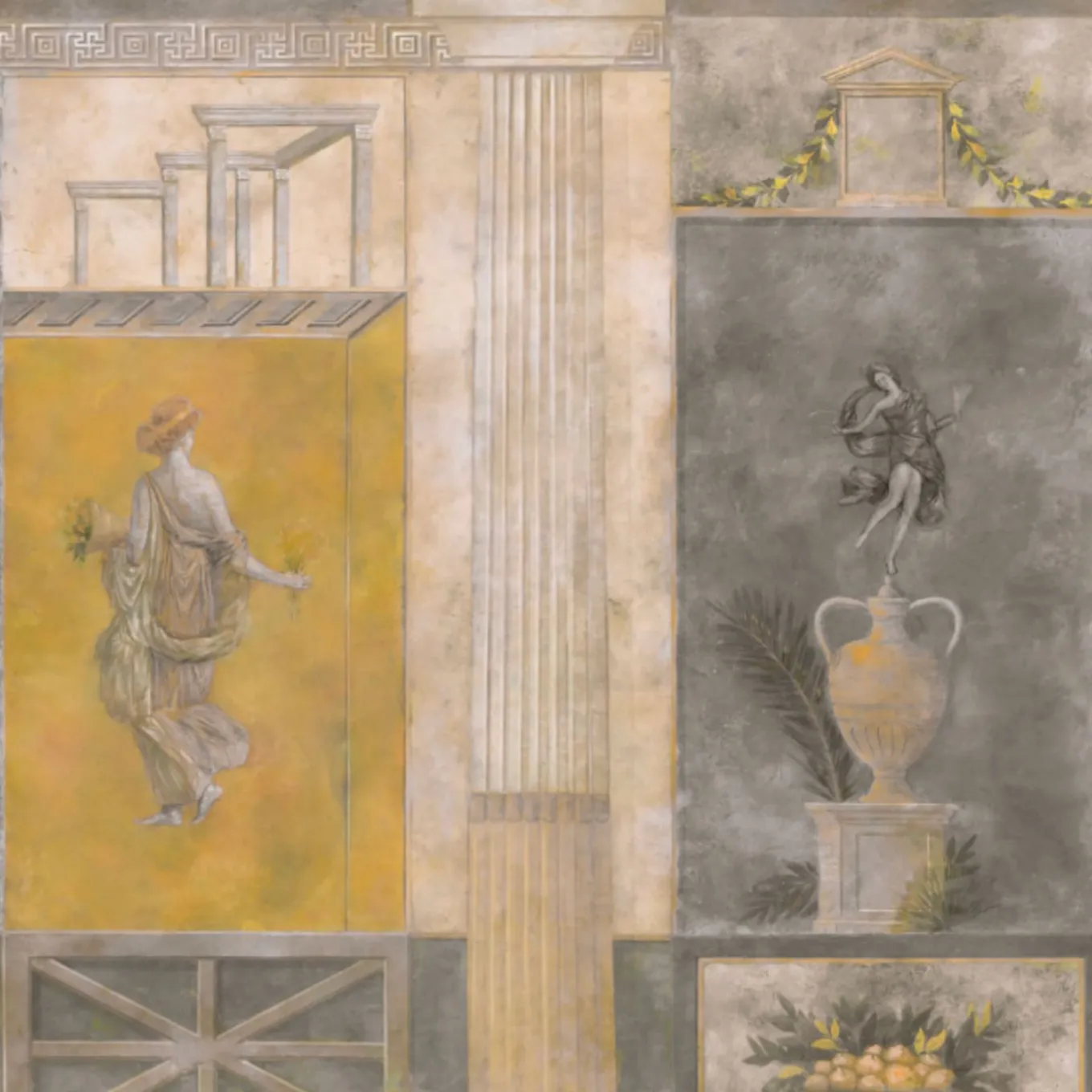 Tessuto murale in cotone giallo grigio e beige Pompei