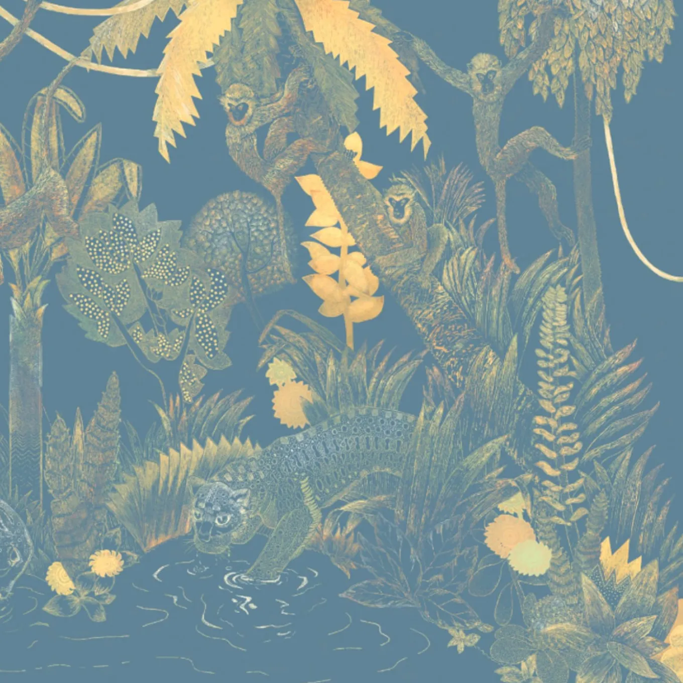 Tessuto murale in poliestere blu e giallo Jungle Lounge