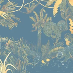 Tessuto murale in poliestere blu e giallo Jungle Lounge