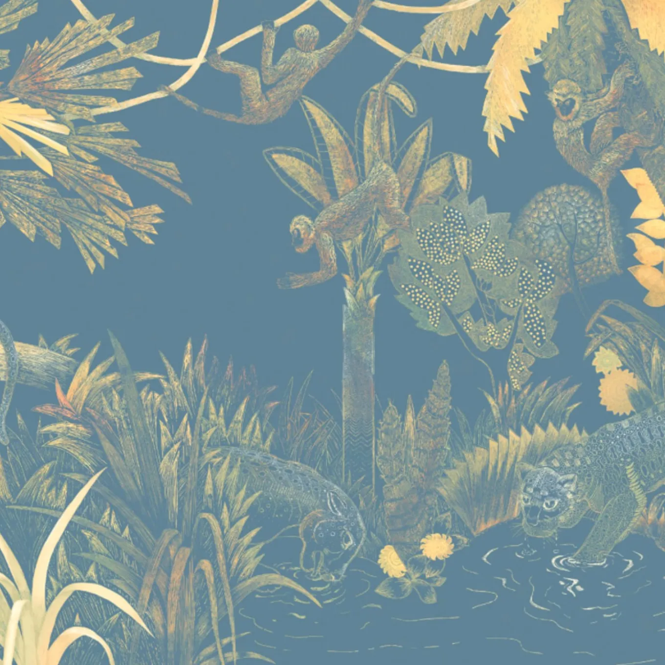 Tessuto murale in poliestere blu e giallo Jungle Lounge