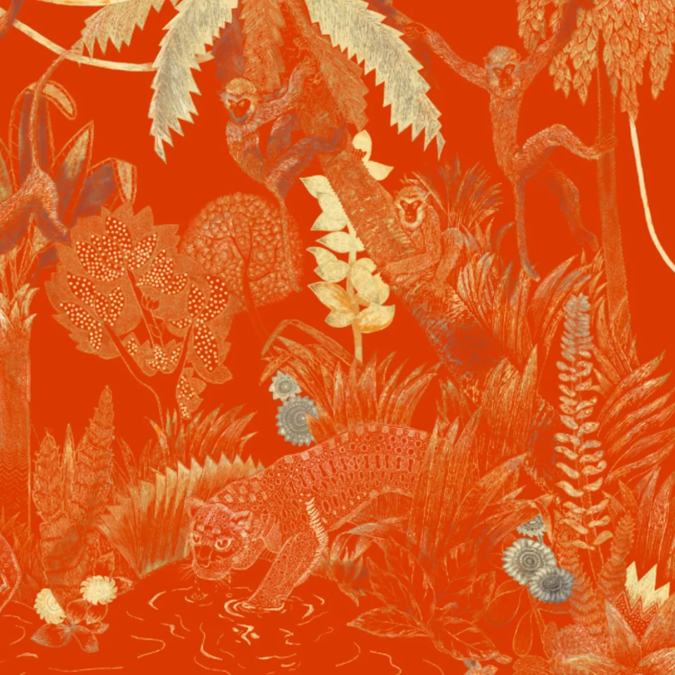 Tessuto murale in poliestere Red Jungle Lounge