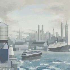 Tessuto murale in poliestere blu, grigio e argento Dalla terra al mare