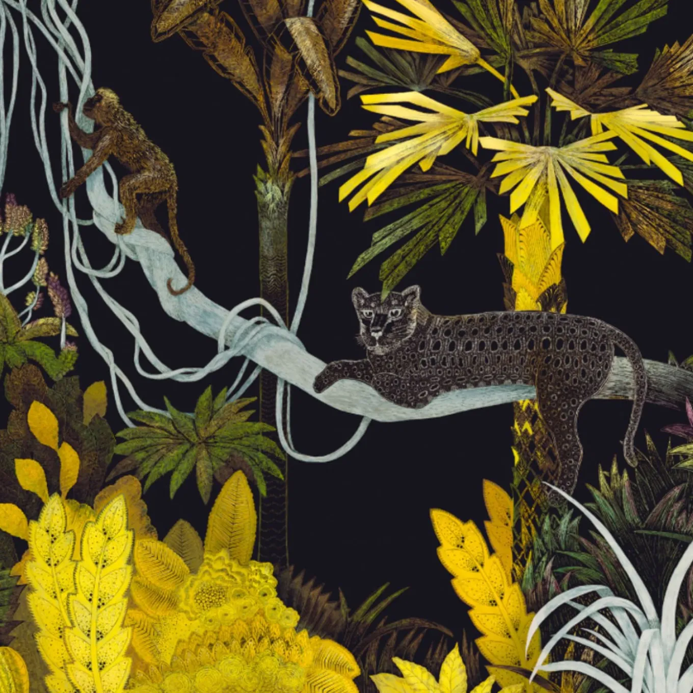 Tessuto murale in poliestere Jungle Lounge nero e giallo