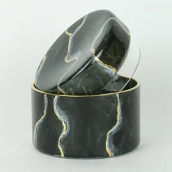 Vaso di vetro basso nero ispirato al marmo di Portoro con coperchio