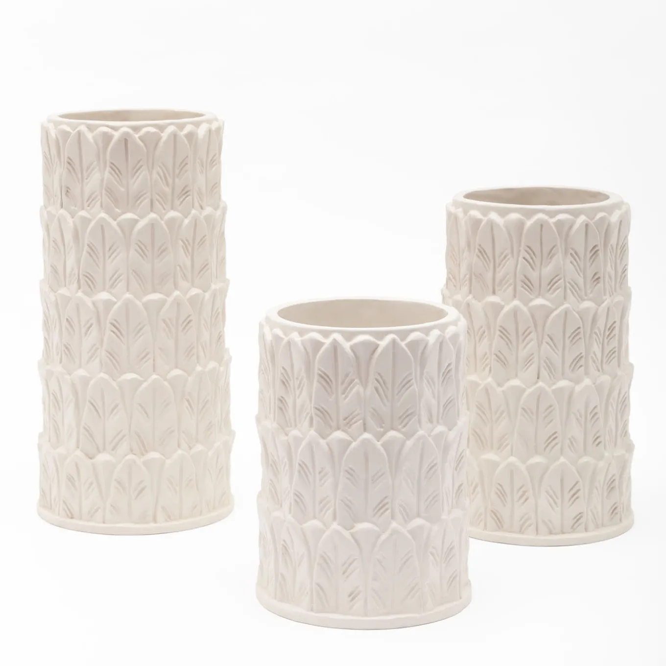 Vaso grande in gres bianco con motivo a foglie Anne
