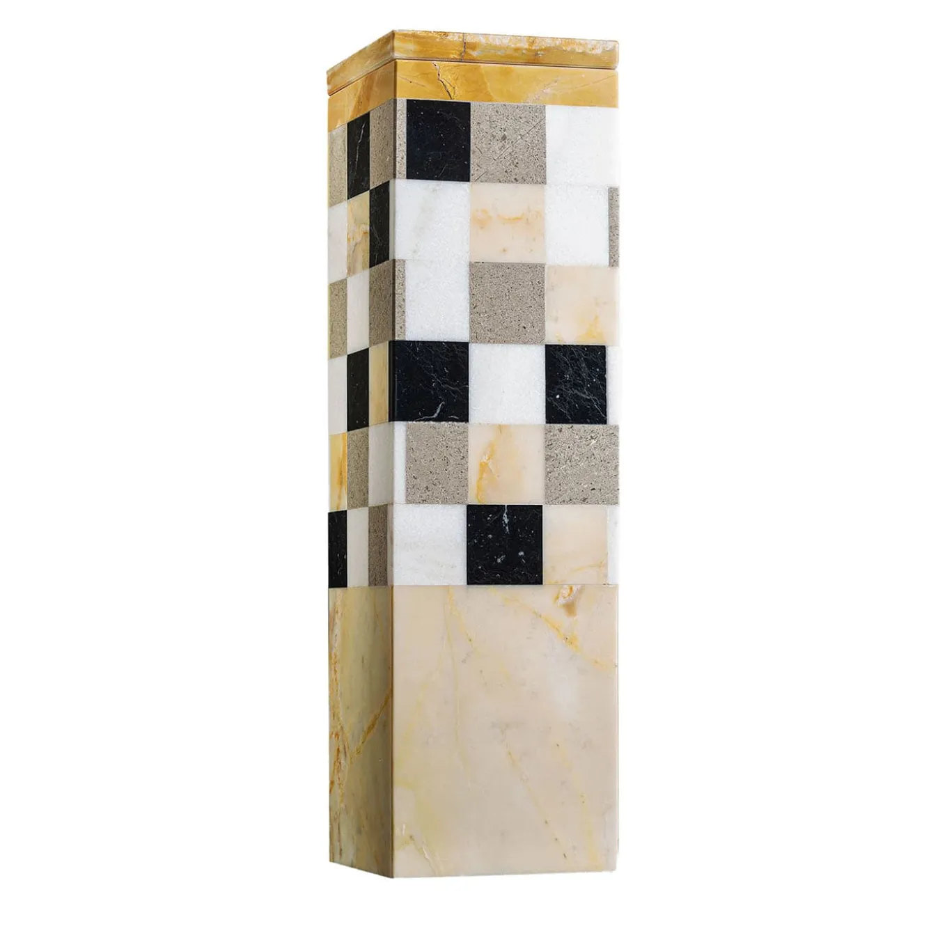 Vaso quadrato in marmo giallo e bianco con coperchio di Luciano Setten